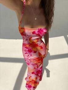Elegant Women's Dress With Floral Print And Open Back, Summer Clothes, Beach Outfits For Women, Beach Vacation Clothes, Party Outfits, Bridesmaids - 玫瑰紅 - 查看 8