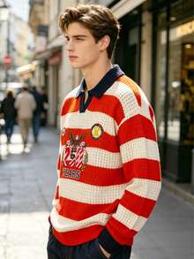 2026 New Men's Spring/Autumn/Winter American Independence Day 250th Anniversary Embroidered Pattern Knitted POLO Pullover Sweater, Casual Loose Vintage Street Style Colorblock Striped Top Suitable For Early Spring/Autumn Daily And Holiday Outdoor Wear - Red and White - View 4