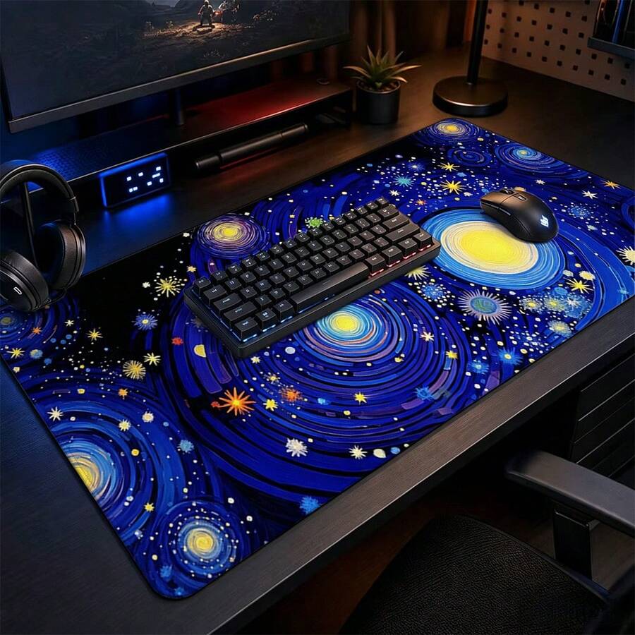 梵谷星空漩渦藍星空大號電競桌墊，防滑防水加長鍵盤滑鼠墊，美學藝術桌面裝飾 - 查看 1