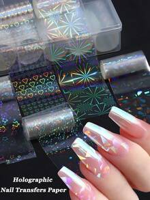 Aurora 玻璃美甲轉印紙，全息雷射愛心花朵星星條紋圖案設計，凝膠美甲貼紙，亮面箔美甲貼片，美甲裝飾 DIY 配件，美甲用品 - 彩色 - 查看 2