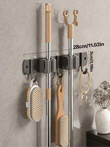 1pc Modern Metal Wall-Mounted Broom And Mop Holder, 4 Slots And 5 Hooks, Adjustable Garden Tool Storage Rack, Suitable For Home Laundry Room, Closet, Shed, Garage Storage, Can Store Rakes, Shovels, Brooms - A - View 4
