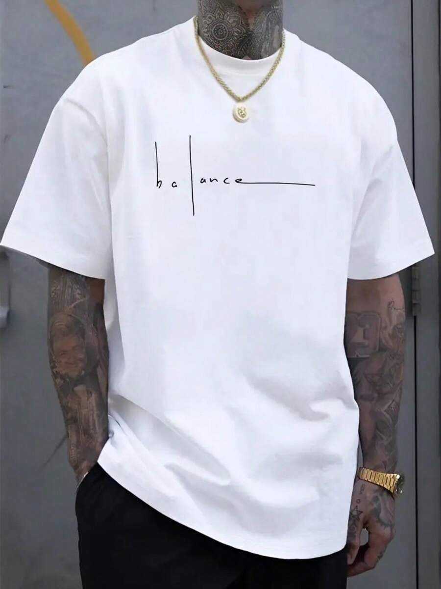Plus Size Men's 100% Cotton T-Shirt With Balance Line Art & Minimalist Cursive Lettering - Light Grey Casual Short Sleeve Round Neck Tee For Casual At - 白色 - 查看 1