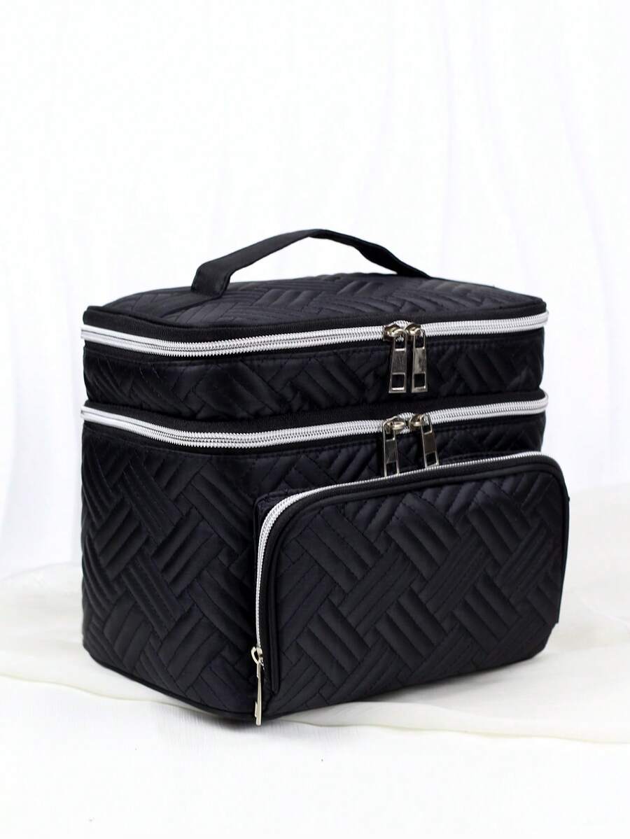 Large Capacity Quilted Makeup Bag With Handle And Zipper - Multi-Functional Double Layer Travel Cosmetic Storage Bag, Black Fabric With Woven Pattern And Silver Zipper, Large Size Makeup Bag, Compartmentalized Storage, Convenient And Organized - Black - View 1