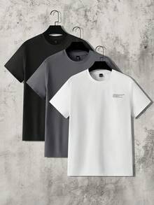 Manfinity VCAY Set Of 3 Short Sleeve T-Shirts With Round Neck And Basic Casual Front Print, Summer T-Shirt - Grey 2 - View 1