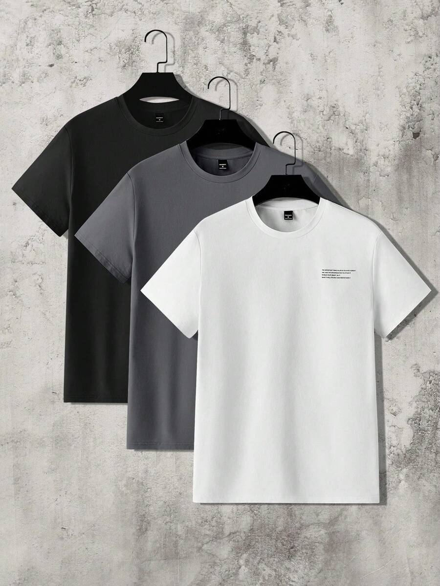 Manfinity VCAY Set Of 3 Short Sleeve T-Shirts With Round Neck And Basic Casual Front Print, Summer T-Shirt - Grey 2 - View 1