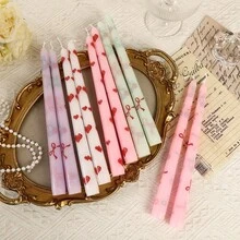 2pcs/Pack Sweet Printed Taper Scented Candles, Heart Bow Cherry Pattern Long Dinner Candle, Romantic Table Decor Candlestick For Valentine's Day, Birthday, Wedding, Party Atmosphere Decor Gift - 2pcs - View 2