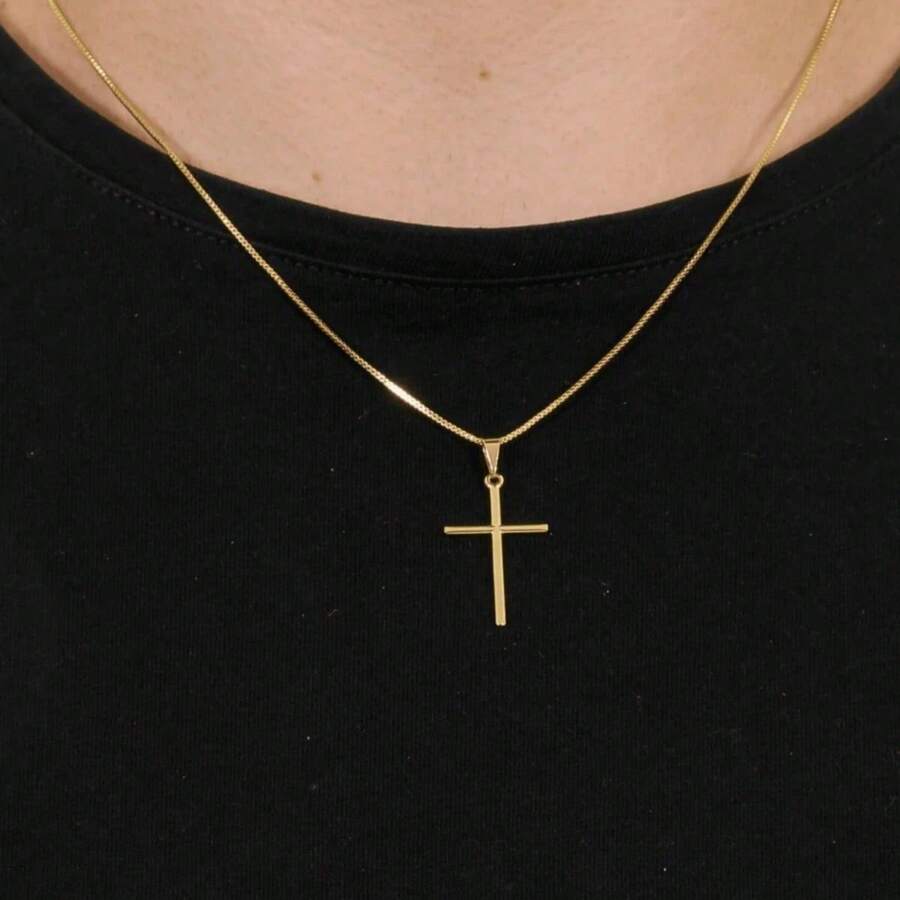 Corrente Cordão Masculino Banhado a Ouro 18k 50cm + Pingente Cruz Palito - Dourado - Visão 1