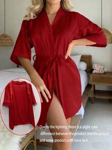 Women's Solid Color Elegant Tie-Front Spring/Summer Bathrobe, Sexy Short Satin Silk Soft Pajamas, Suitable For Brides, Bridesmaids, Home Wear. Wedding Season Short Dress, Letter Pattern, Morning Robe And Sleepwear. - Red - View 14