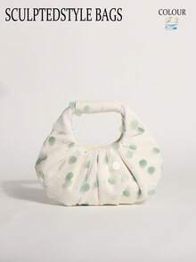 SCULPTEDSTYLE BAGS 1件薄荷綠美人魚亮片雲朵手提包，奶油白亞麻底布拼接，時尚波點網格抓皺設計女款托特包，適合海灘度假，可搭配魚網肩帶洋裝與休閒度假穿搭（隨機花卉圖案） - 薄荷綠 - 查看 9