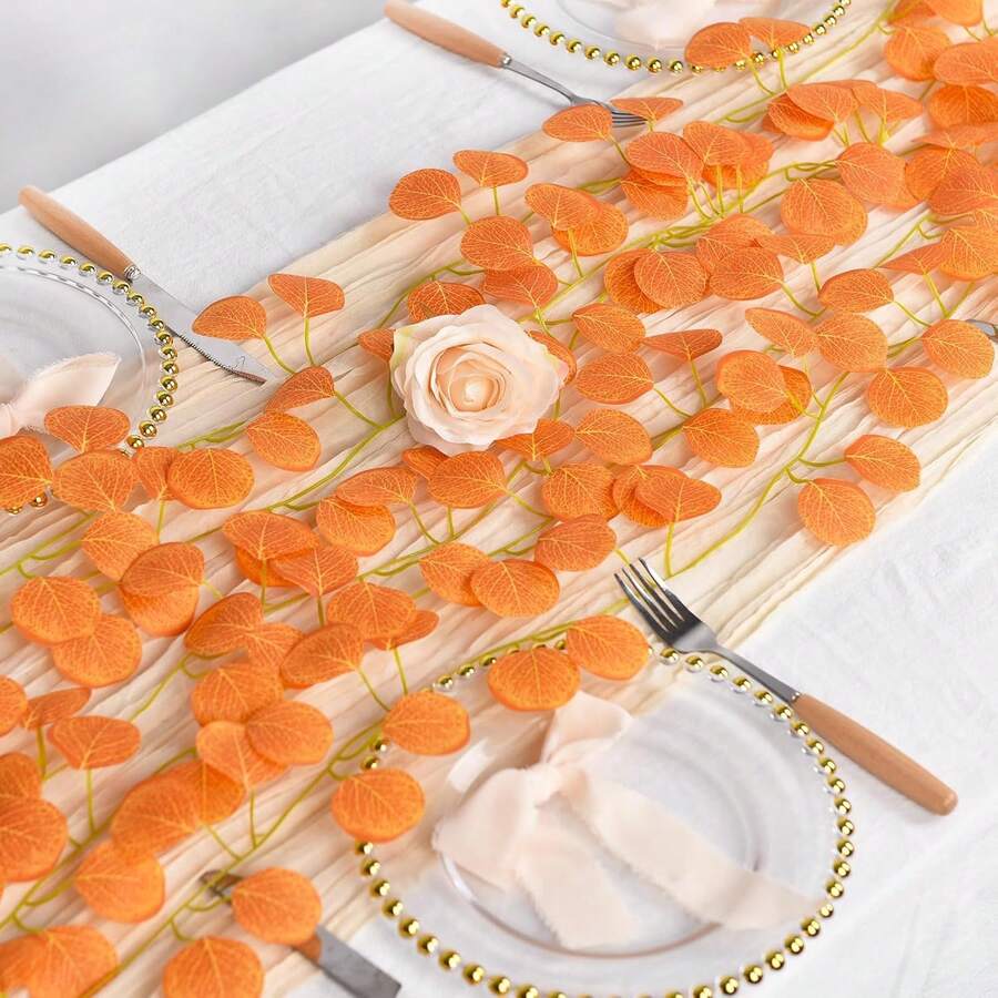 12 Pcs Artificial Eucalyptus Leaves Garland,Table Greenery Garland Wreath Vines For Wedding Party Bedroom Wall Room Decor Table Fireplace - Orange - View 1