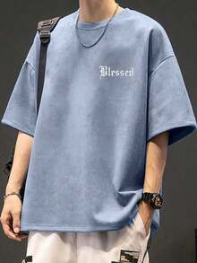 男士新款夏季戶外運動時尚字母印花寬鬆短袖T恤 - 藍色 - 查看 1