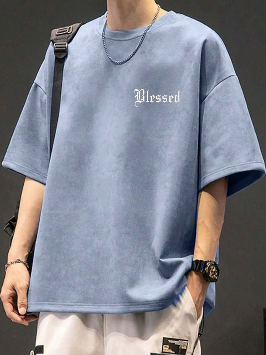 男士新款夏季戶外運動時尚字母印花寬鬆短袖T恤 - 藍色 - 查看 1