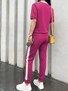 Setelan Kasual 2 Potong Wanita Musim Semi/Gugur, Atasan Lengan Pendek Warna Kontras Modis Baru dengan Celana Panjang Bergaris, Pakaian Liburan Musim Semi yang Elegan dan Musim Panas - Merah Mawar 50+ Putih - View 8
