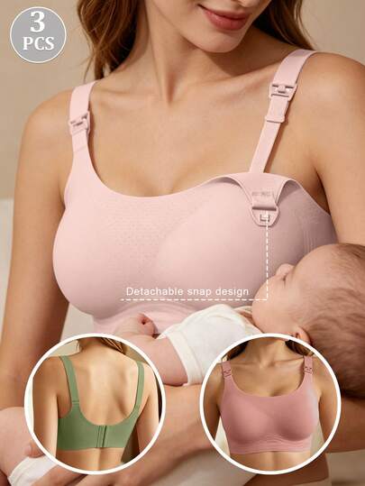3pcs Maternity Nursing Bras, Breathable Wireless Bras For Postpartum Breastfeeding With Clip-Open Design
