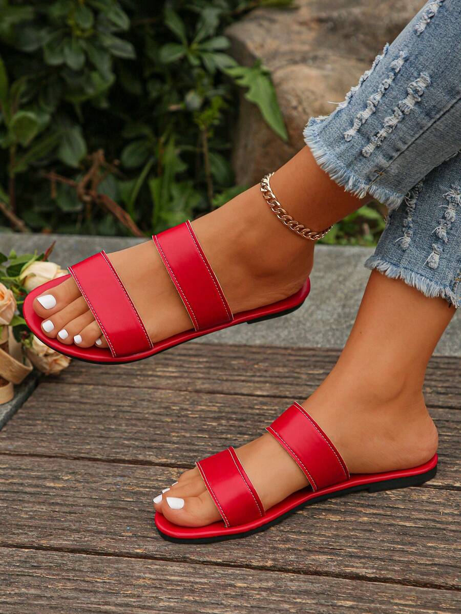 Women's Summer Two Strap Flat Slide Sandals, Red Open Toe Soft Sole Comfortable Slouchy Beach Vacation Party Casual Versatile Outdoor Slippers, Two Strap Glitter Rhinestone Slide Sandals - Red - View 1