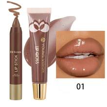 1pc Matte Chocolate Lipstick & 1pc Brown Lip Gloss Combo, Moisturizing Lip Makeup Set For Work, Travel, Party - Multicolor - View 2