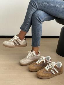 Women's Casual Sports Shoes Color Block Patchwork Preppy College PU Leather Buckle Strap Casual Fashion Spring Summer - Khaki - View 7
