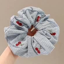 1/2 Pieces Set, Blue Striped Cherry & Bow, Premium Minimalist Style Hair Scrunchies For Girls - Multicolor - View 8