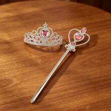 2pcs Pink Heart Rhinestone Crown And Snowflake Magic Wand Set, Princess Style Accessories - Pink - View 5