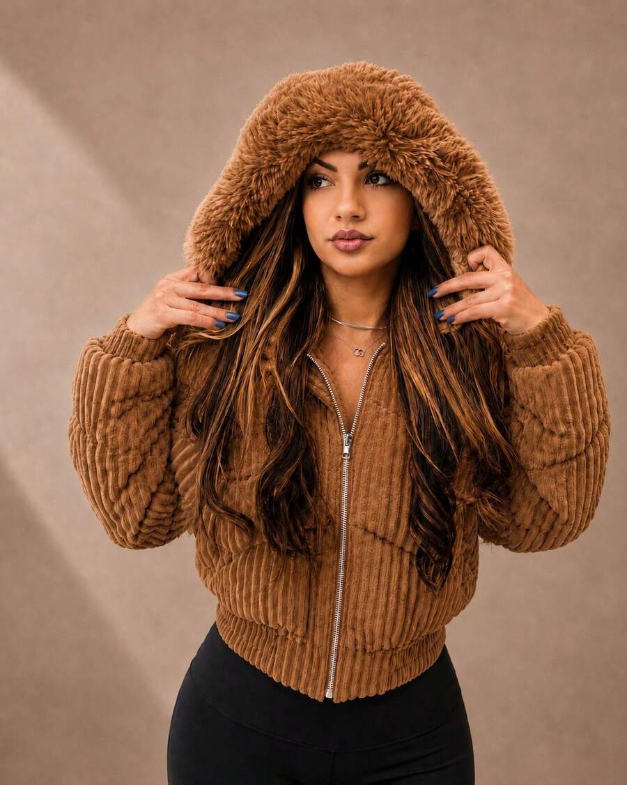 PUFF JACKET - WARM AND LINED WINTER JACKET - COAT - WOMEN'S COLD WEATHER BLOUSE FOR PARTIES - Camel - Ver 1