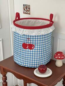 1pc Blue Plaid Cherry Storage Basket With Lace Trim Embroidery, Handheld Large Capacity Multi-Functional Clothes & Sundries Organizer Basket, All Season - Multicolor - View 8