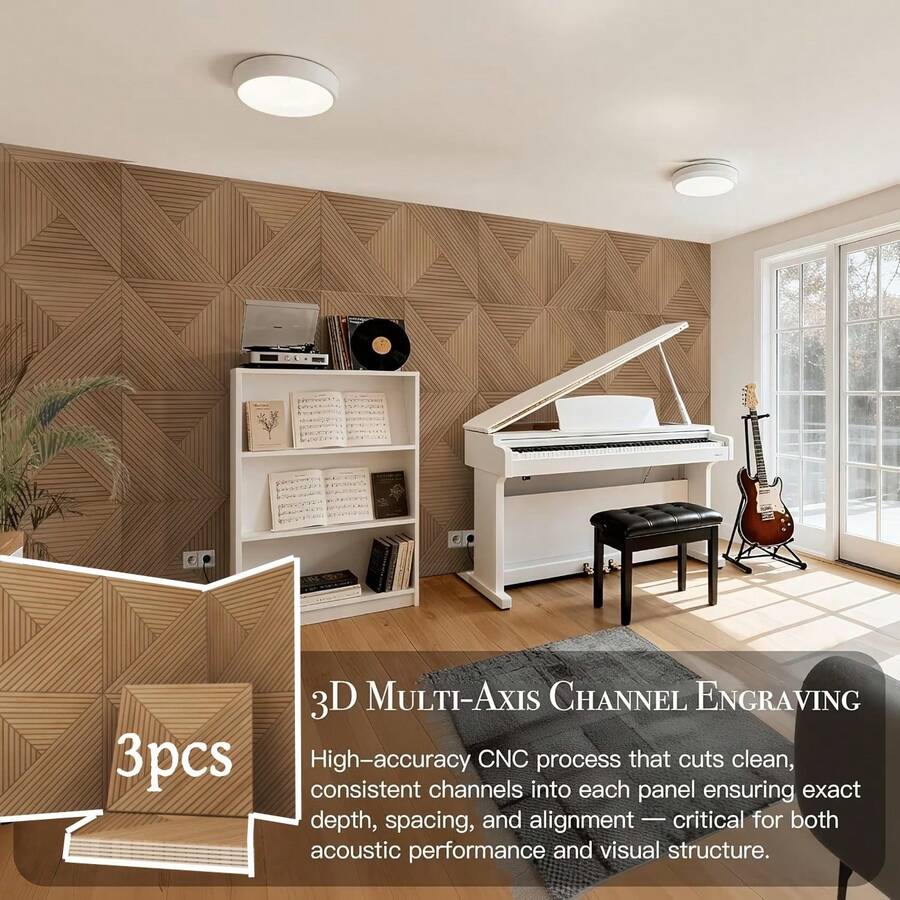 1/3 piezas Paneles acústicos de fibra de poliéster con grano de madera 3D, paneles absorbentes de sonido autoadhesivos, pegatinas decorativas de rejilla para pared, paneles de fácil instalación, adecuados para estudio de grabación/oficina en casa y sala de estar - A - Ver 1