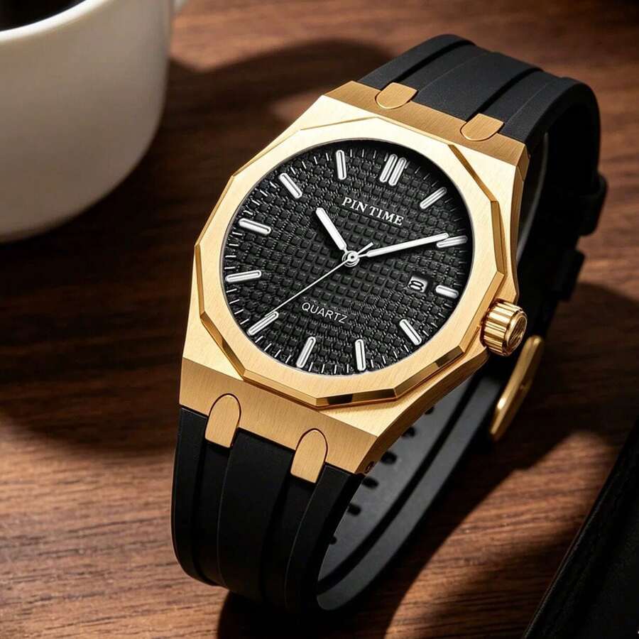 1pc Men's Black Octagonal Quartz Watch, White Plaid Dial With Date, Silicone Strap, Minimalist Business Sports Style, Waterproof For Daily Wear