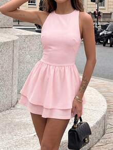 Vaiaye Women's Cream Yellow Round Neck Backless Minimalist Mini Dress - Fitted Sleeveless Dress, Summer Elegant Streetwear & Beach & Vacation Pink - Pink - View 11