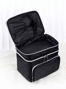 Large Capacity Quilted Makeup Bag With Handle And Zipper - Multi-Functional Double Layer Travel Cosmetic Storage Bag, Black Fabric With Woven Pattern And Silver Zipper, Large Size Makeup Bag, Compartmentalized Storage, Convenient And Organized - Black - View 5