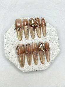 10pcs Gold Luxury Cat Eye Glitter Pointed Press-On Nail Tips, Sweet & Cool 3D Rhinestone Pearl Removable Fake Nails, Girls Gift Nail Art Supplies (1pc Jelly Sticker + 1pc Nail File) - 金色 - 查看 3