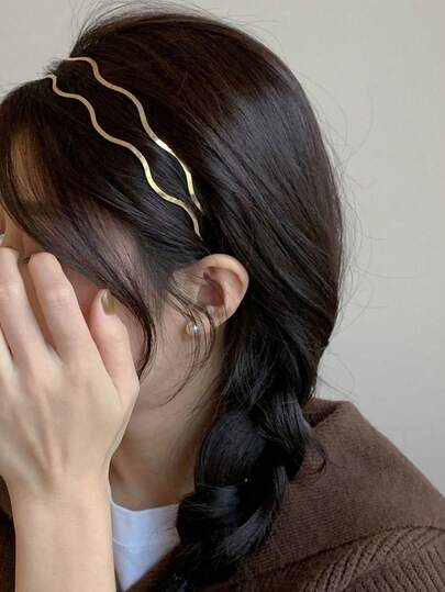 2入女款時尚金色金屬波浪髮箍，彎曲幾何細髮箍，適合日常、派對、優雅頭飾，洗臉用髮圈，百搭戶外時尚髮夾，夏季髮飾，金屬波浪線細髮箍，簡約實用劉海髮箍，送女友的髮飾禮物，節日填充襪禮物