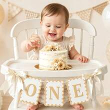 1pc 1st Birthday Chair Banner "One" Letter Banner, Background, 1st Birthday Ribbon Banner, Suitable For Boys And Girls, Fairy Tale Theme Baby Photo Prop Party Decoration, Gender Reveal Party Baby Shower Party Decoration - Multicolor - View 3