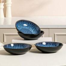 Set Of 4 Wide And Deep Stoneware Pasta Bowls With Reactive Glaze In Blue - 4 Piece Blue - View 2
