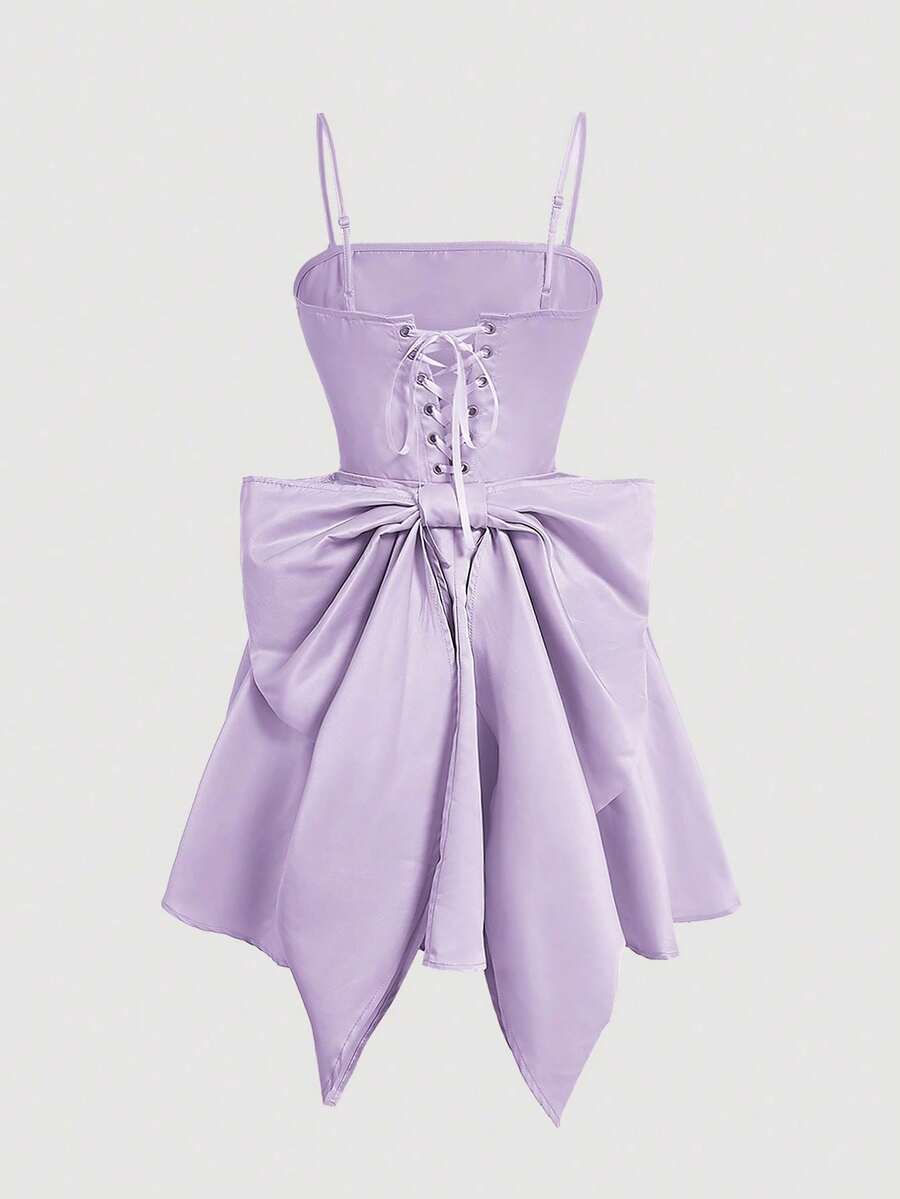 MOD Women's Solid Color Dress With Thin Straps And Large Decorative Bow On The Back - 羅莎 - 查看 1
