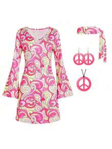 70s Retro Hippie Set For Girls And Women(Pattern Position Is Random)For Christmas Parties,  Going Out Outfit Halloween - Pink - View 4