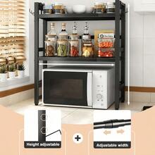 3/2-Story Kitchen Storage Rack With 6 Hooks, Expandable Microwave Rack, Microwave Storage Rack, High Load-Bearing Design, Rust Resistant And Durable, Suitable For Kitchen/Office/Storage Room, Expansion Range 40-64cm (Black), Standing Shelf - Black - Three Layers - View 8