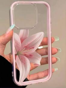 1件粉色百合大花圖案個性化粉色邊框二合一透明全包覆TPU防震時尚手機殼，適用於 11 12 13 14 15 16 17 Pro Max/Plus，完美禮物 - 粉色 - 查看 2