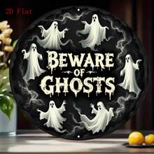 2D Flat Ghost Pattern Round Wooden Decorative Sign, Waterproof & Durable, Halloween Party Scene Decor, Printed With Cute Ghost Text, Home Office Bar Multi-Holiday Hanging Ornament - Black - View 4