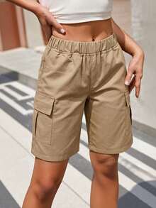 Teen Girls' Elastic Waist Solid Color Casual Utility Shorts, Versatile For Daily Wear - Khaki - View 11