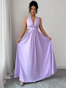 Elegante vestido sin mangas con cuello en V, diseño hueco en la cintura y pliegues, color morado, nueva llegada de primavera/verano - Celeste - Ver 6