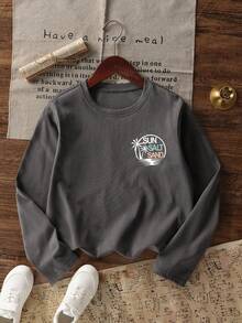 Teen Girl Casual Fun Print Round Neck Pullover Long Sleeve T-Shirt, Autumn/Winter Top - Dark Grey - View 4