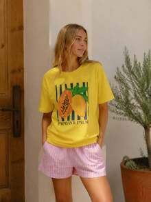2026 Summer Women Round Neck Tee, Watercolor Papaya Mango Print, Soft Breathable Casual Top Daily Vacation, Free Shipping Ship In 24H. - 黃色 - 查看 1