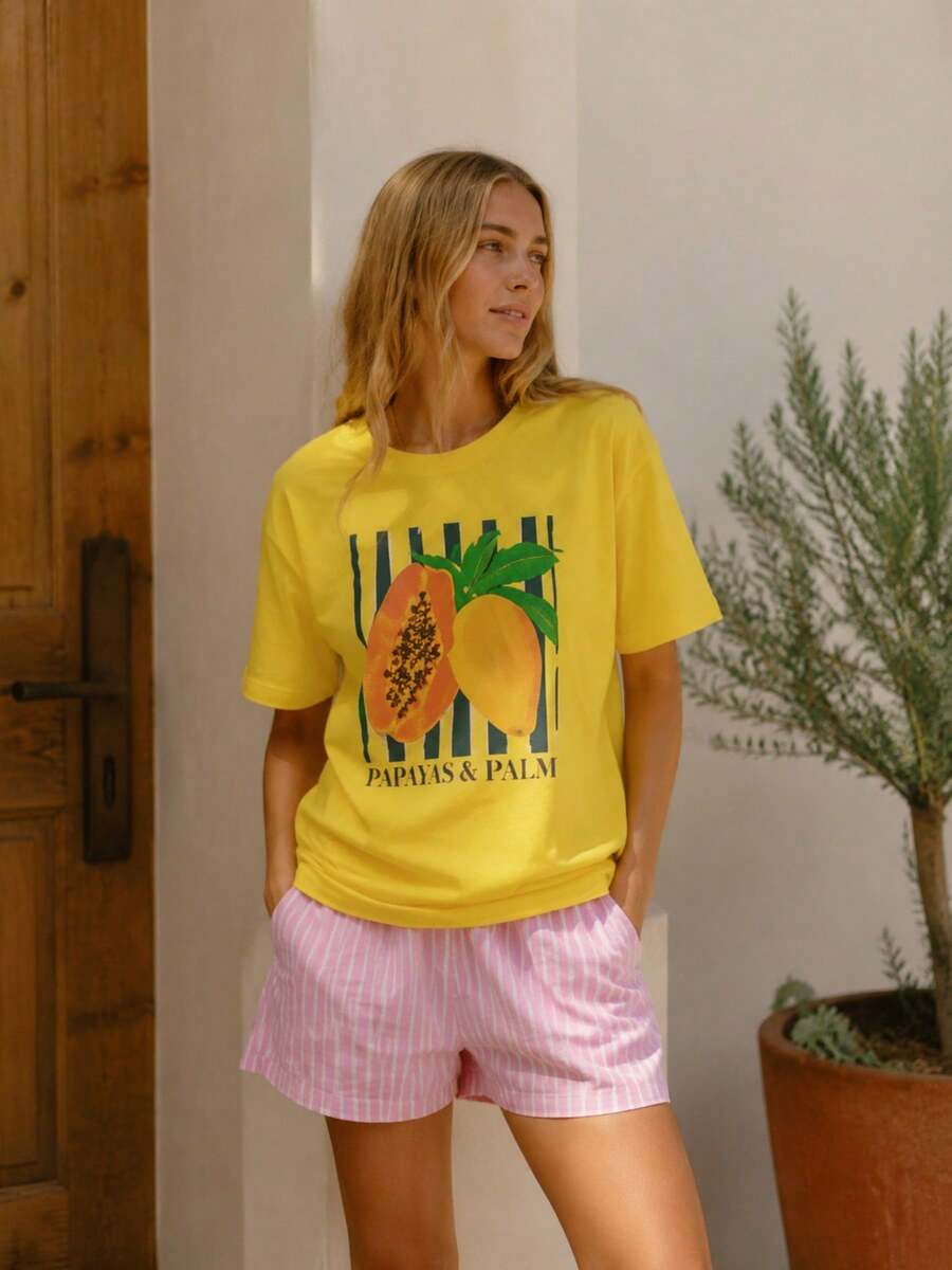 2026 Summer Women Round Neck Tee, Watercolor Papaya Mango Print, Soft Breathable Casual Top Daily Vacation, Free Shipping Ship In 24H. - 黃色 - 查看 1