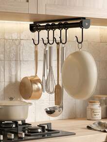 1pc Sliding Pot Rack (With Hooks) - No-Drill Hanging Storage Organizer For Pots, Pans, And Kitchen Utensils; Wall Mounted & Under Cabinet Utensil Holder With 6 Hooks, Bathroom & Home Organization, Utility Hooks - Multicolor - View 10