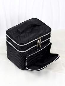 Large Capacity Quilted Makeup Bag With Handle And Zipper - Multi-Functional Double Layer Travel Cosmetic Storage Bag, Black Fabric With Woven Pattern And Silver Zipper, Large Size Makeup Bag, Compartmentalized Storage, Convenient And Organized - Black - View 2