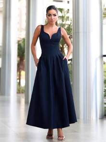 Vestidos elegantes para fiesta casuales para mujer tirantes espalda descubierta color sólido cintura ajustada elegante nuevo moda - Azul - Ver 8