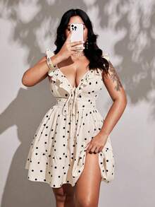 Viva Relle Vestido elegante y romántico para mujeres de talla grande, con cuello en V profundo, estampado de lunares, volantes en el bajo y lazo - Albaricoque - Ver 6