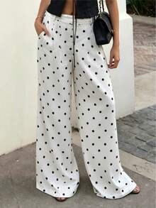 Damen Langhose für Frühling, Sommer und Herbst, lässige modische Polka-Dot-Hose mit weitem Bein, lockerer Passform, gerade geschnittene weite lange Hose im französischen eleganten Stil, geeignet für Shopping, Urlaub, tägliche Pendelfahrten und Schulanfang - Weiss - Übersicht 9