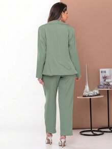 Women's Green Blazer And Pants Set With Lapels, Long Sleeves, Pockets, And Belt Detail, Perfect For The Office In Autumn Or For An Elegant Casual Look. - 淺綠色 - 查看 8