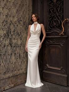 Basrey Elegante vestido de fiesta de noche para boda, de satén marfil, fluido, con tirantes finos, espalda descubierta y lazo - blanco - Ver 6